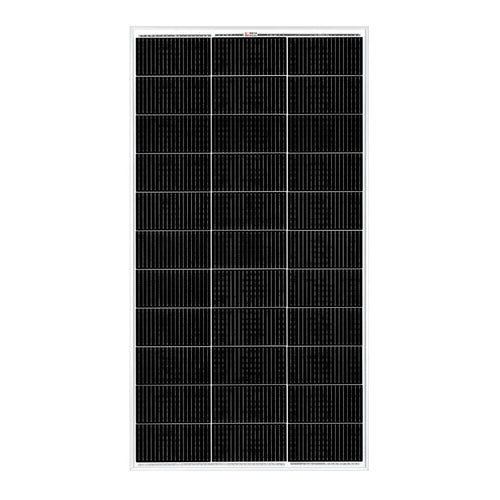 Rich Solar rectangular black solar panel with a white frame, featuring high efficiency photovoltaic cells in a grid pattern; ideal for off-grid use and shown isolated on a white background.