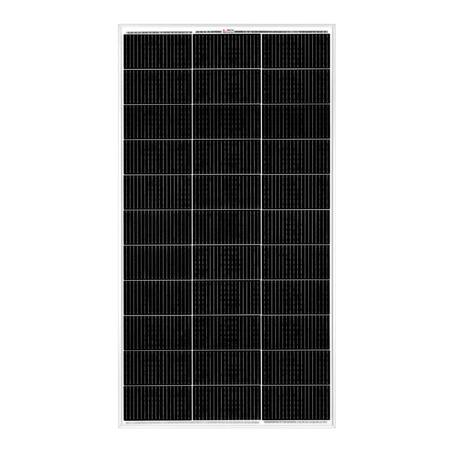 Rich Solar rectangular black solar panel with a white frame, featuring high efficiency photovoltaic cells in a grid pattern; ideal for off-grid use and shown isolated on a white background.