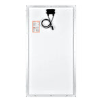 A rectangular Rich Solar panel viewed from the back features a junction box with black cables, a safety label on the white surface, and a white frame with screw holes around the edges for high-efficiency off-grid applications.