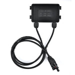 A black rectangular Rich Solar junction box with two cables—one a coiled cord with connectors. Built for high efficiency, its perfect for off-grid or solar panel setups. Electrical specs are embossed on the surface.