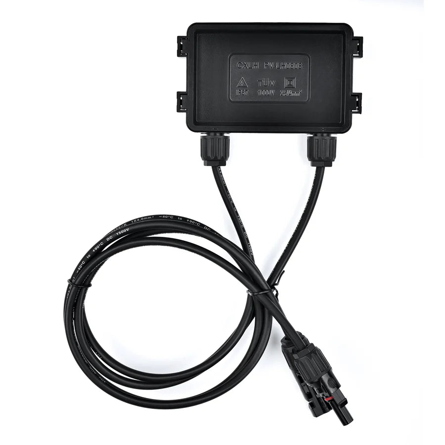 A black rectangular Rich Solar junction box with two cables—one a coiled cord with connectors. Built for high efficiency, its perfect for off-grid or solar panel setups. Electrical specs are embossed on the surface.