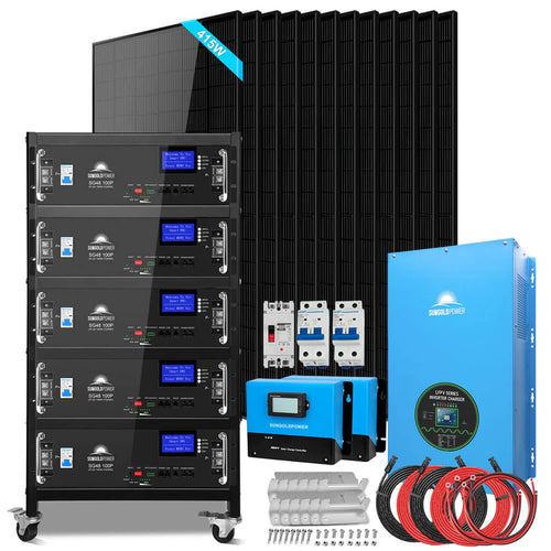 The Sungold Power off-grid solar kit includes stacked black battery storage units with digital displays, multiple solar panels, a large blue inverter, blue charge controller, cables, breakers, and installation accessories.
