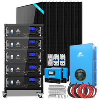 The Sungold Power off-grid solar kit includes stacked black battery storage units with digital displays, multiple solar panels, a large blue inverter, blue charge controller, cables, breakers, and installation accessories.