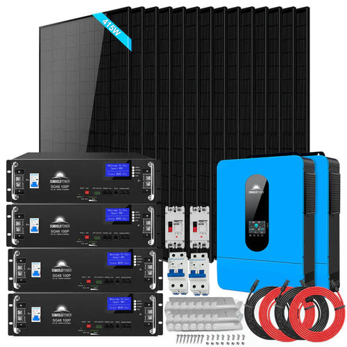 The Sungold Power complete solar kit includes multiple black panels, four stacked battery units, a blue inverter, circuit breakers, cables, and mounting hardware—all displayed neatly against a white background.