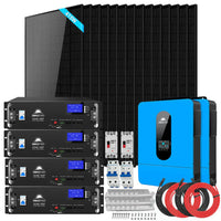 The Sungold Power complete solar kit includes multiple black panels, four stacked battery units, a blue inverter, circuit breakers, cables, and mounting hardware—all displayed neatly against a white background.