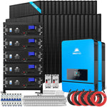 The Sungold Power complete solar kit includes multiple black solar panels, stacked battery units with digital displays, a large blue inverter, circuit breakers, wiring, and connectors—all expertly arranged for efficient clean energy use.