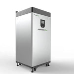 A large, rectangular silver Fortress Power eVault Max LFP battery storage unit with a black top and digital display stands on four wheels against a plain white background.