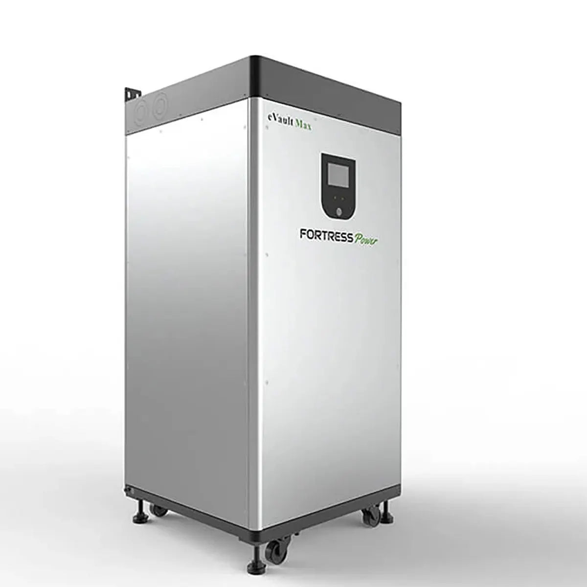 A large, rectangular silver Fortress Power eVault Max LFP battery storage unit with a black top and digital display stands on four wheels against a plain white background.