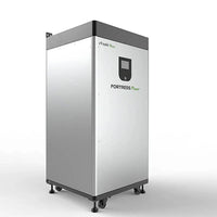 A large, rectangular silver Fortress Power eVault Max LFP battery storage unit with a black top and digital display stands on four wheels against a plain white background.