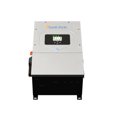 The Sol-Ark 12K hybrid inverter features a digital front-panel display in a sleek silver and black rectangular casing, providing efficient management of your solar energy system.