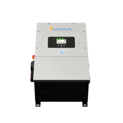 The Sol-Ark 12K hybrid inverter features a digital front-panel display in a sleek silver and black rectangular casing, providing efficient management of your solar energy system.