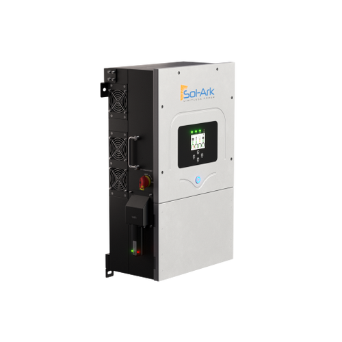 A Sol-Ark 12K hybrid inverter featuring a digital display and side-mounted cooling fans, designed for solar energy systems, is shown against a plain background.