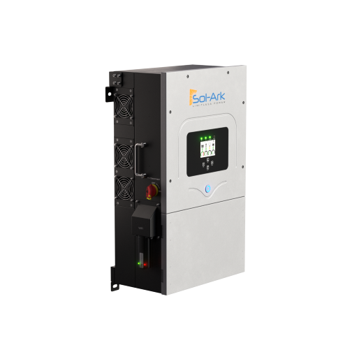 A Sol-Ark 12K hybrid inverter featuring a digital display and side-mounted cooling fans, designed for solar energy systems, is shown against a plain background.