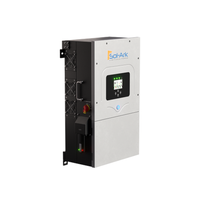 A Sol-Ark 12K hybrid inverter featuring a digital display and side-mounted cooling fans, designed for solar energy systems, is shown against a plain background.