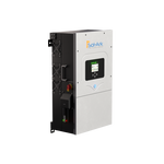 A Sol-Ark silver and black solar hybrid inverter with a digital display, ventilation fans, brand logo, and modular design—ideal for home battery systems in solar setups.