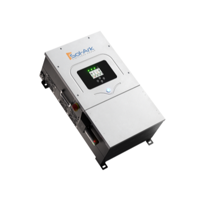 A rectangular silver device with digital display, labeled Sol-Ark, featuring side buttons and ports, used as a hybrid inverter for solar energy management like the Sol-Ark 12K.