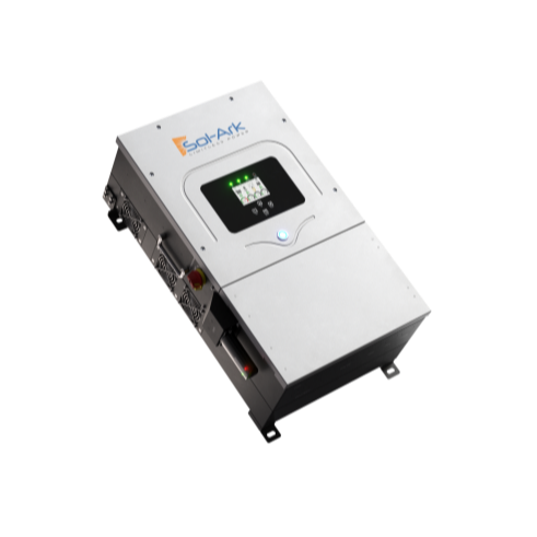 A silver Sol-Ark solar hybrid inverter with a digital display, control buttons, indicator lights, and side connection ports features a modular design and is shown against a plain background.