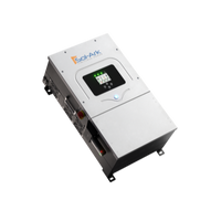A silver Sol-Ark solar hybrid inverter with a digital display, control buttons, indicator lights, and side connection ports features a modular design and is shown against a plain background.