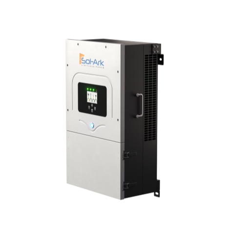 The Sol-Ark 12K hybrid inverter by Sol-Ark features a digital display and control buttons in a gray and black rectangular wall-mount casing, ideal for efficient solar energy management.