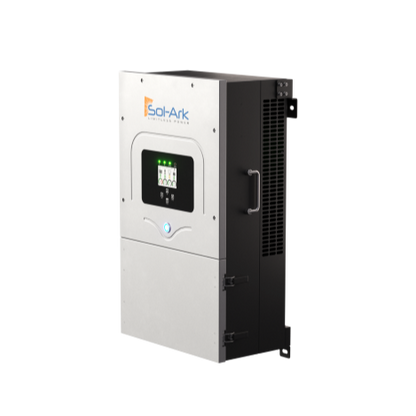 The Sol-Ark 12K hybrid inverter by Sol-Ark features a digital display and control buttons in a gray and black rectangular wall-mount casing, ideal for efficient solar energy management.