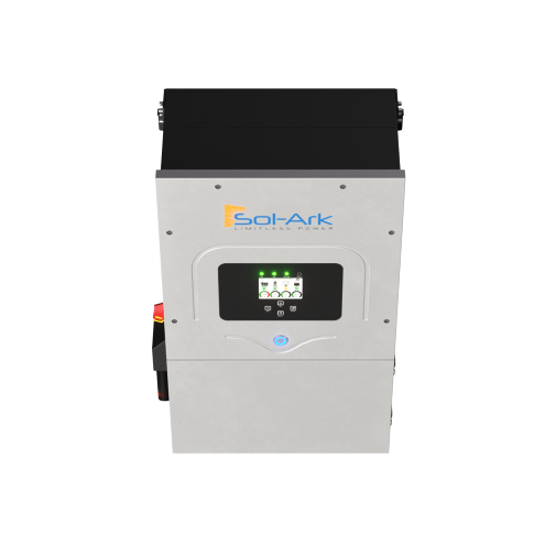 Front view of a Sol-Ark hybrid inverter with digital display, branded logo, and control buttons, designed for advanced solar energy systems.