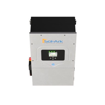 Front view of a Sol-Ark hybrid inverter with digital display, branded logo, and control buttons, designed for advanced solar energy systems.