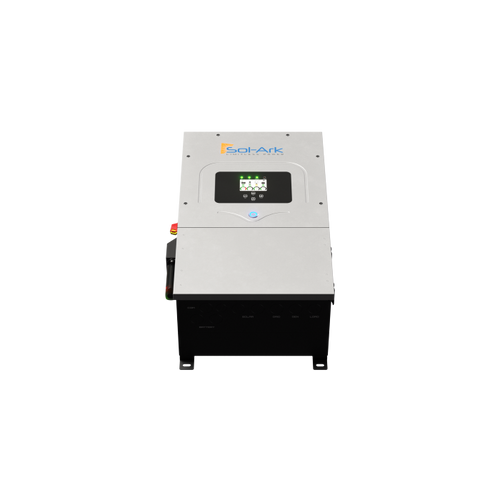 The Sol-Ark 12K Hybrid Inverter, branded with Sol-Ark, features a digital display and control buttons on the front panel and a DC transformerless design for solar energy systems, shown against a plain white background.