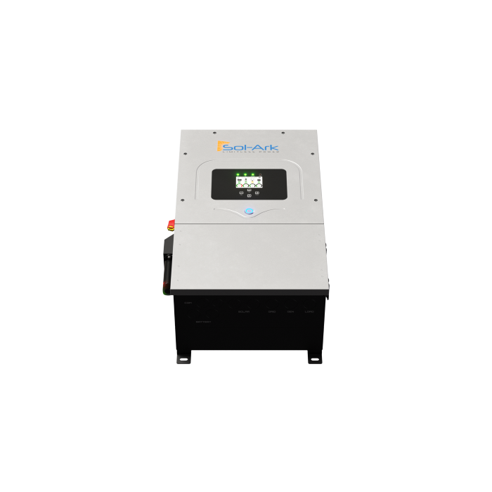 The Sol-Ark 12K Hybrid Inverter, branded with Sol-Ark, features a digital display and control buttons on the front panel and a DC transformerless design for solar energy systems, shown against a plain white background.