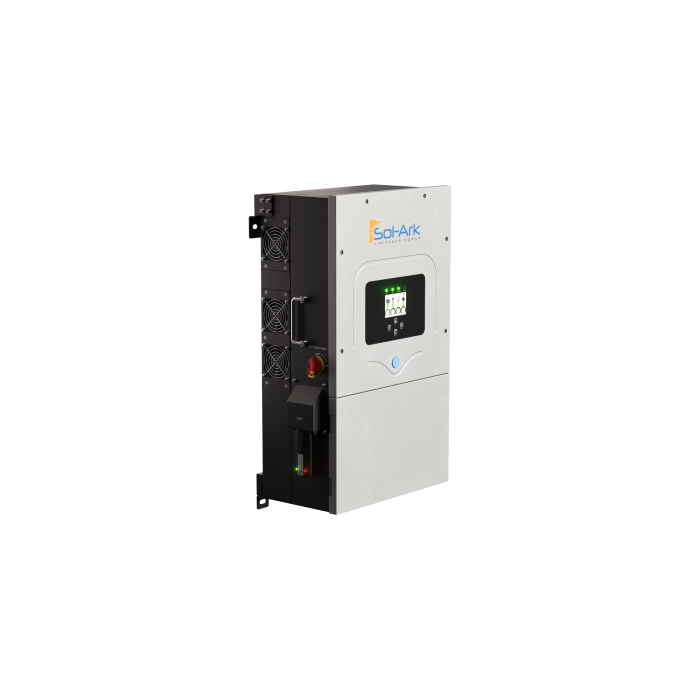 The Sol-Ark 12K Hybrid Inverter features a digital display, front control buttons, DC transformerless design, and EMP protection—ideal for energy systems. Shown isolated on a white background.