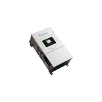 A silver industrial electronic device labeled Sol-Ark on top, featuring a digital display and various ports on the side. This hybrid inverter with EMP protection is shown isolated on a white background.