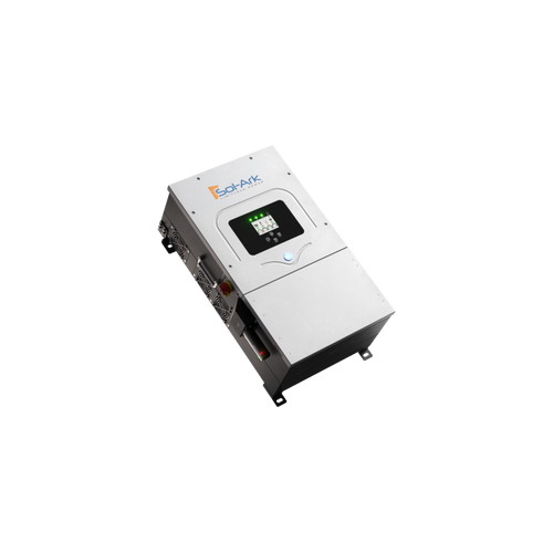 A silver industrial electronic device labeled Sol-Ark on top, featuring a digital display and various ports on the side. This hybrid inverter with EMP protection is shown isolated on a white background.