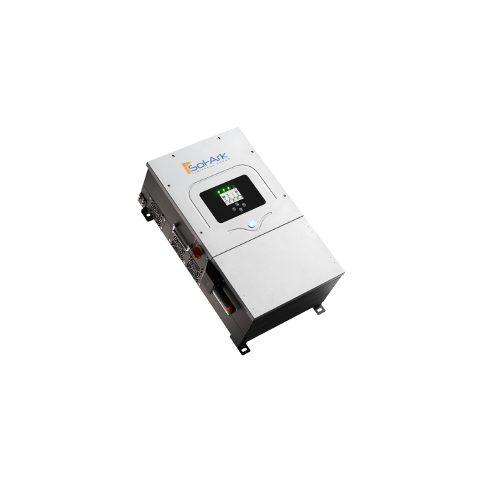 A silver industrial electronic device labeled Sol-Ark on top, featuring a digital display and various ports on the side. This hybrid inverter with EMP protection is shown isolated on a white background.