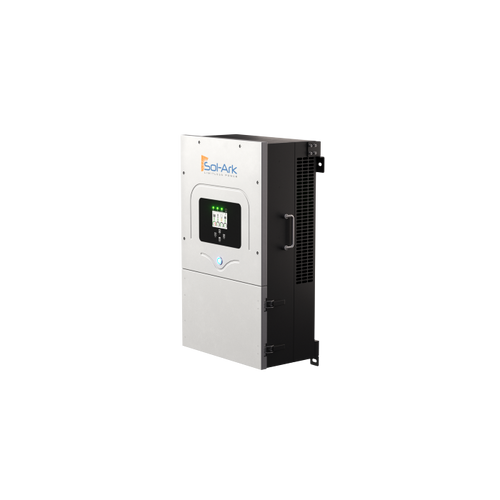 A Sol-Ark 12K Hybrid Inverter by Sol-Ark, wall-mounted with a digital display, control panel, EMP protection, and advanced DC transformerless design, is used in solar power systems.