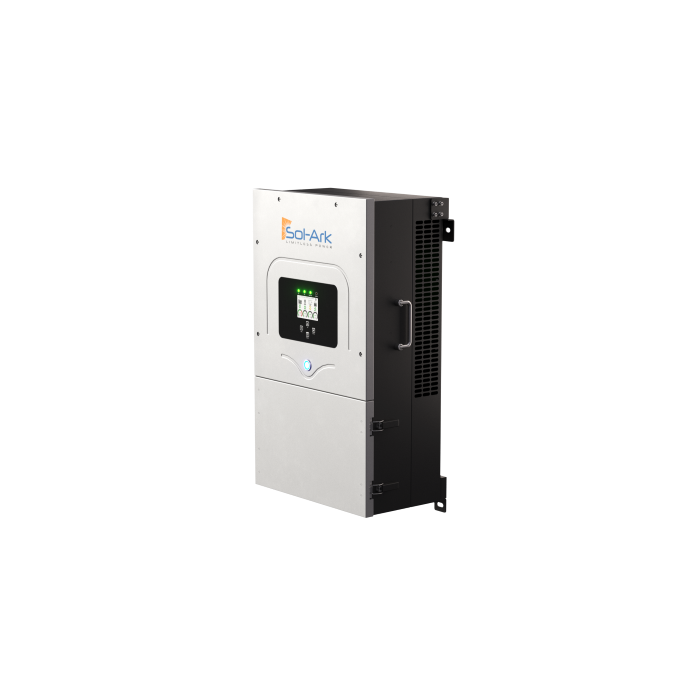 A Sol-Ark 12K Hybrid Inverter by Sol-Ark, wall-mounted with a digital display, control panel, EMP protection, and advanced DC transformerless design, is used in solar power systems.