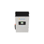 Front view of a silver Sol-Ark 12K Hybrid Inverter with digital display and control buttons, offering EMP protection and a transformerless DC design for advanced solar energy systems.