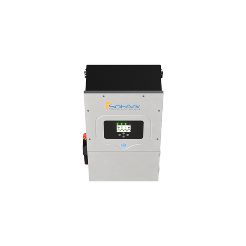 Front view of a silver Sol-Ark 12K Hybrid Inverter with digital display and control buttons, offering EMP protection and a transformerless DC design for advanced solar energy systems.