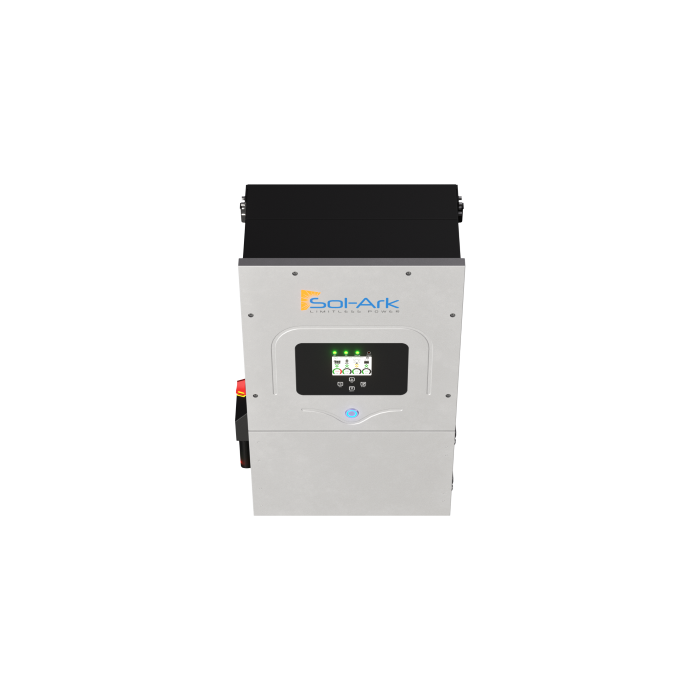 Front view of a silver Sol-Ark 12K Hybrid Inverter with digital display and control buttons, offering EMP protection and a transformerless DC design for advanced solar energy systems.
