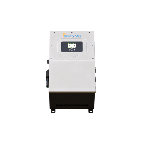 Front view of a Sol-Ark inverter, a rectangular device from Sol-Ark with a digital display and control buttons on the upper panel, featuring battery agnostic functionality for efficient solar power management.