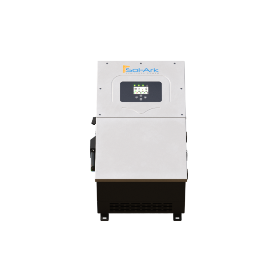 Front view of a Sol-Ark inverter, a rectangular device from Sol-Ark with a digital display and control buttons on the upper panel, featuring battery agnostic functionality for efficient solar power management.