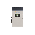 A rectangular gray Sol-Ark inverter with a black top and a display screen with green lights, featuring the Sol-Ark logo above the screen, set against a black background. This inverter is battery agnostic and offers remote access features.