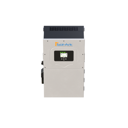 A rectangular gray Sol-Ark inverter with a black top and a display screen with green lights, featuring the Sol-Ark logo above the screen, set against a black background. This inverter is battery agnostic and offers remote access features.