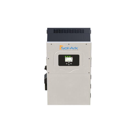 A rectangular gray Sol-Ark inverter with a black top and a display screen with green lights, featuring the Sol-Ark logo above the screen, set against a black background. This inverter is battery agnostic and offers remote access features.