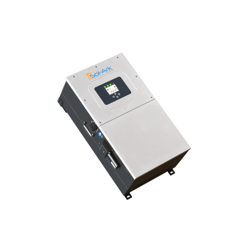 A rectangular metallic Sol-Ark device, resembling an inverter with a digital display and top-panel buttons, supports battery agnostic use and remote access; appears industrial or for lab use, isolated on a white background.