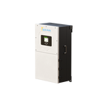 The Sol-Ark battery-agnostic inverter features a digital display and control buttons on the front panel, comes in a rectangular metal casing with a side handle for easy transport, and supports optional remote access.