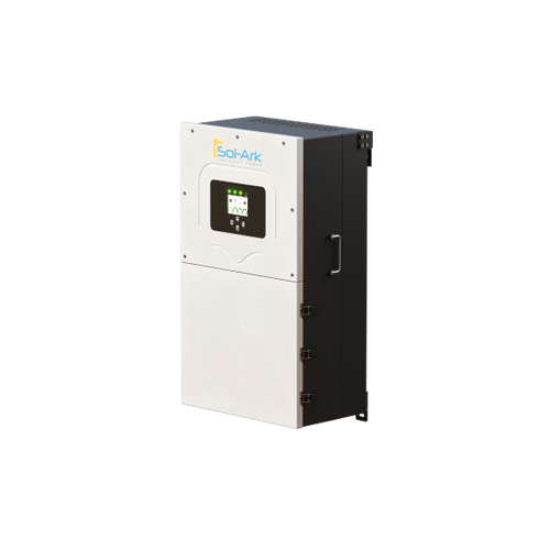 The Sol-Ark battery-agnostic inverter features a digital display and control buttons on the front panel, comes in a rectangular metal casing with a side handle for easy transport, and supports optional remote access.