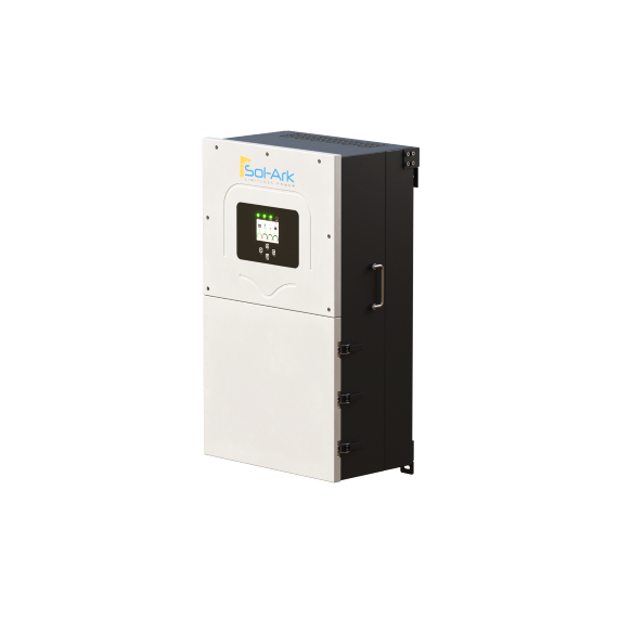 The Sol-Ark battery-agnostic inverter features a digital display and control buttons on the front panel, comes in a rectangular metal casing with a side handle for easy transport, and supports optional remote access.