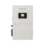 A Sol-Ark solar inverter with digital display and control buttons, featuring the Sol-Ark brand on the top front panel. The rectangular device supports AC/DC coupling and is mounted vertically against a plain white background.