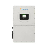 A Sol-Ark solar inverter with digital display and control buttons, featuring the Sol-Ark brand on the top front panel. The rectangular device supports AC/DC coupling and is mounted vertically against a plain white background.