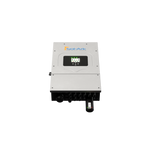 A Sol-Ark 8K Hybrid Inverter from Sol-Ark, featuring a digital display and multiple connection ports for efficient solar energy generation and battery storage, is pictured against a plain black background.