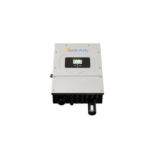 A Sol-Ark 8K Hybrid Inverter from Sol-Ark, featuring a digital display and multiple connection ports for efficient solar energy generation and battery storage, is pictured against a plain black background.